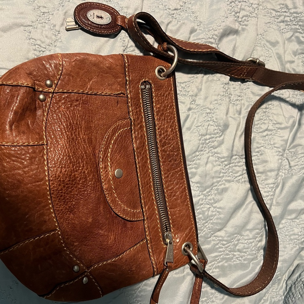 Fossil Brown Leather Bag with Silver Accents